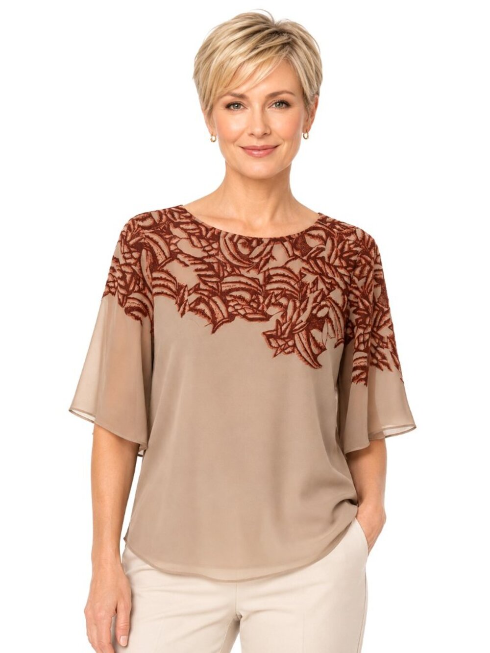 Classiques Entier Beige Floral Silk Fan Sleeve Top